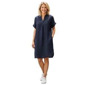 Vicci Women's Large Linen Shirt Dress Navy Short Sleeve Minimalistic Nautical